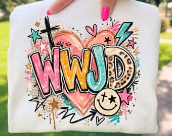 Kristen png-skjorta WWJD sublimeringsdesign, tro, digital nedladdning, trendig Jesus png, retro png, gepardtryck, religiös DTF-överföring