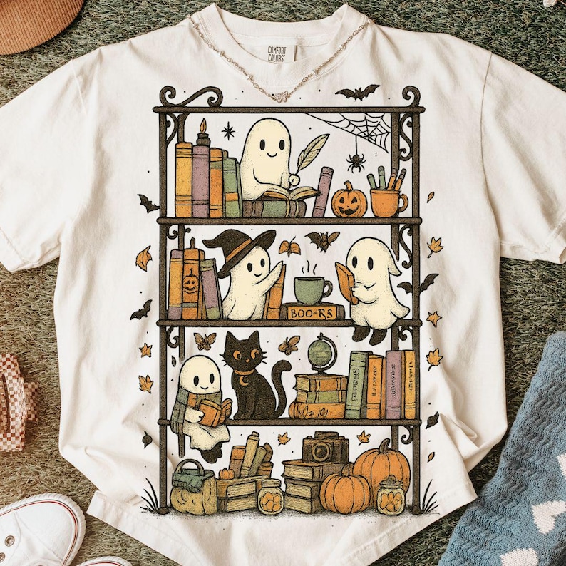 Op de afbeelding: Wit T-shirt met een grillig Halloween-thema. De afbeelding toont een boekenplank met spoken die boeken lezen, een zwarte kat, pompoenen en herfstbladeren. De woorden "BOO-RS" staan op een koffiekopje.