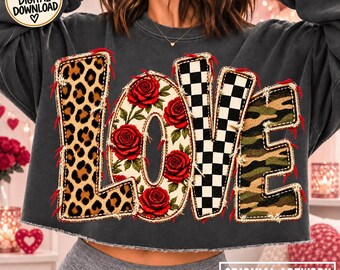 LOVE PNG Bundle Cheetah Valentine Design Distressed Camo Plaid Sublimation Vday DTF Trendy Ready To Print Girly Shirts Popular Now Png