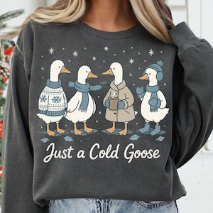 May include: Dark grey sweatshirt with a cartoon illustration of four geese in winter attire. One goose wears a sweater, another a scarf, a third a coat and mug, and the last a hat, scarf, and boots. The text "Just a Cold Goose" is below.