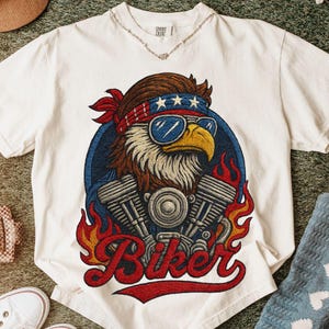 4th of July Png, American Eagle Png, Biker Png, Retro 4th of July Motorcycle Png, Independence Day Png, Patriotic Eagle Faux Embroidery Png