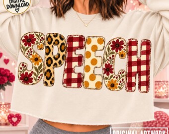 SPEECH PNG Trendy Fall Patchwork Design Leopard Floral Plaid Sublimation Dtf Popular Now Png Christmas Gift Teacher Appreciation Gift ESL