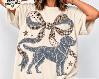 Labrador Retriever PNG, Vintage Dog Coquette Bow, Leopard Plaid Ribbon, Dog Lover Birthday T-Shirt Sublimation DTF, Dog Mom Christmas Gift