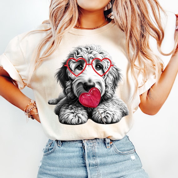 Cute Goldendoodle Valentine PNG, Doodle Mom Gift, Dog Valentines PNG, Labradoodle Sublimation Design, Dog With Heart Glasses, Heart Lollipop