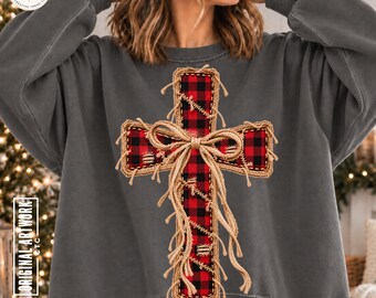 Patchwork Cross PNG Christian Trendy Bow Digital Download Christmas Church Faith Thanksgiving Buffalo Plaid Fall Sublimation Jesus Shirt DTF