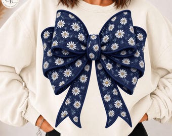 Kokette Schleife (PNG), marineblaues, strukturiertes Juteband mit Gänseblümchenmuster (digitaler Download), trendiges Grafikdesign für Herbst-Sweatshirts und -Shirts, Weihnachtsgeschenk