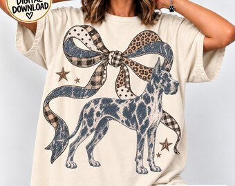 Great Dane PNG, Vintage Dog Coquette Bow, Leopard Plaid Ribbon, Dog Lover Birthday T-Shirt Sublimation DTF, Dog Mom Christmas Gift
