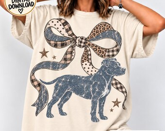 Pitbull PNG, Vintage Dog Coquette Bow, Leopard Plaid Ribbon Pitbull Reacue Dog Lover Birthday TShirt Sublimation DTF, Dog Mom Christmas Gift