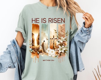 Camiseta PNG de sublimación "Él ha resucitado", impresión PNG de pinceladas de Pascua, Jesús Pascua, camiseta cristiana, versículo bíblico de Pascua, Mateo 28:6, Feliz Pascua