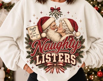 Weihnachtsmann und Weihnachtsfrau PNG Lustiges Retro-Weihnachts-Sweatshirt mit frechem Pärchen, Geschenk im Used-Look, POD DTF, Xmas PNG, jetzt beliebt, Sublimation