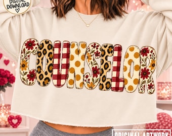 COUNSELOR PNG Trendy Fall Patchwork Design Leopard Floral Plaid Sublimation Dtf Popular Now Png Christmas Gift Teacher Appreciation Gift