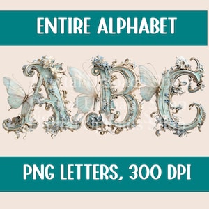 Fancy Alphabet Girly Png Letters, Gift For Mom, Butterly Alphabet Png, Grand Millennial Alphabet Clipart Flowered Butterly Alpha Png Designs