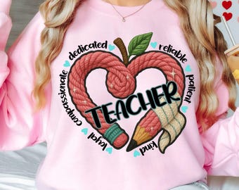 Valentine Teacher PNG, Faux Chenille Latch Hook Clipart, Tufted Yarn Patch Sublimation Design, Teacher V-day Sweatshirt Appreciation Gift