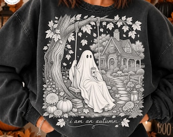 Ich bin ein Herbstgeist (PNG), Lustiges Herbst-Halloween-Motiv „Mental hier“, Kaffeeschaukel-Sublimation, Beliebtes Design für dunkle T-Shirts, Trendiger digitaler Download