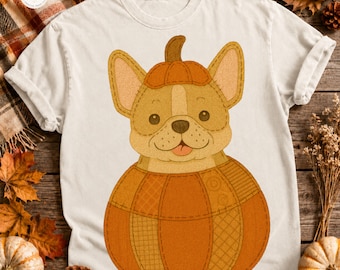 Frenchie Halloween Png, Vintage Patchwork Pumpkin Dog PNG, Retro Quilt Pumpkin Fall Design, Autumn Cottagecore Farmhouse Sublimation