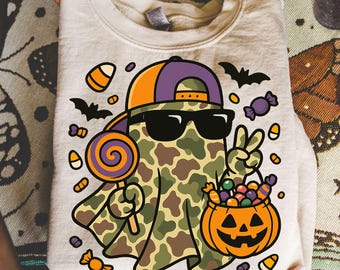 Halloween Cute Ghost Kid PNG Spooky Season Retro Camo Sublimation Boy Design Boo Trick or Treat Shirt Camo Girl Bat Download Candy Cane