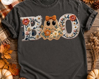 Preppy Ghost Boo Floral Halloween Coquette Spooky Season PNG Faux Sublimation Design Trendy Fall Digital Download Cozy Sweatshirt Graphic