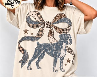 Boxer Dog PNG, Vintage Dog Coquette Bow, Leopard Plaid Ribbon, Dog Lover Birthday T-Shirt Sublimation DTF, Dog Mom Christmas Gift