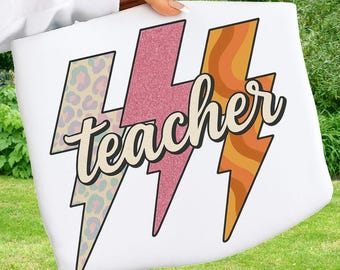 Lightning Bolt Teacher Png, Back To School Png, Retro Teacher Png, Colorful Checkered Teacher Sublimation Design, Teacher DTF, Cheetah Bolt