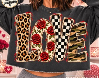 LOVE PNG Cheetah Valentine Design Distressed Camo Plaid Sublimation Vintage Roses DTF Trendy Ready To Print Girly Shirt Popular Now Png