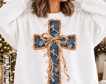 Patchwork Cross PNG Christian Trendy Bow Digital Download Christmas Church Faith Thanksgiving Denim Grunge Fall Sublimation Jesus Shirt DTF