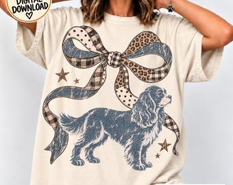 King Charles Cavalier PNG Vintage Dog Coquette Bow, Leopard Plaid Ribbon, Dog Lover Birthday T-Shirt Sublimation DTF, Dog Mom Christmas Gift