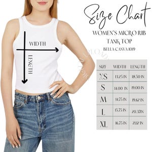 Tabla de tallas de Bella Canvas 1019, Guía de tallas de camisetas sin mangas de canalé micro para mujer, Tabla de tallas de camisetas sin mangas, Guía de camisetas sin mangas Bella Canvas 1019