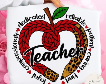 Valentine Teacher PNG, Faux Chenille Latch Hook Clipart, Tufted Yarn Patch Sublimation Design, V-Day Teacher Sweatshirt, Cheetah Leopard Png