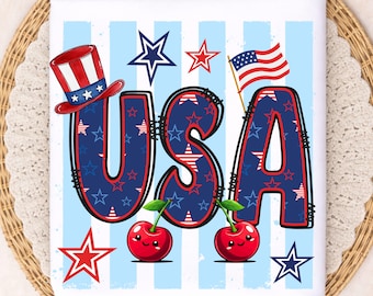 Preppy USA Png Patriotisk T-shirtdesign, Cherry Png, Trendig Png, Sublimering, Randig Png Digital Nedladdning, Memorial Day, 4 juli