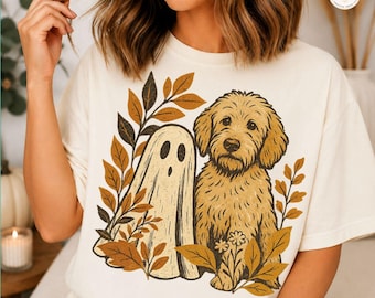 Goldendoodle Ghost Preppy Dog Mom Png Cozy Season Fall Sweatshirt Digital Download Floral Autumn Shirt Design Spooky Mama Halloween DTF
