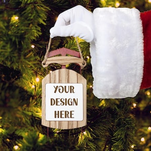 New Ornament Sled Mockup Digital File, Santa Holding Christmas Sled Tree Ornament PNG Mockup, Festive Holiday Tree Ornament Instant Download
