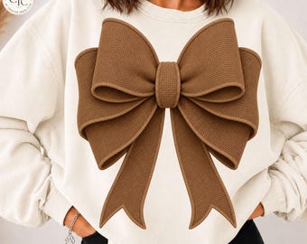 Kokette Schleife (PNG), braunes, strukturiertes Kunstleinenband (digitaler Download), trendiges Herbst-Sweatshirt für Damen (Grafikdesign, Weihnachtsgeschenk)