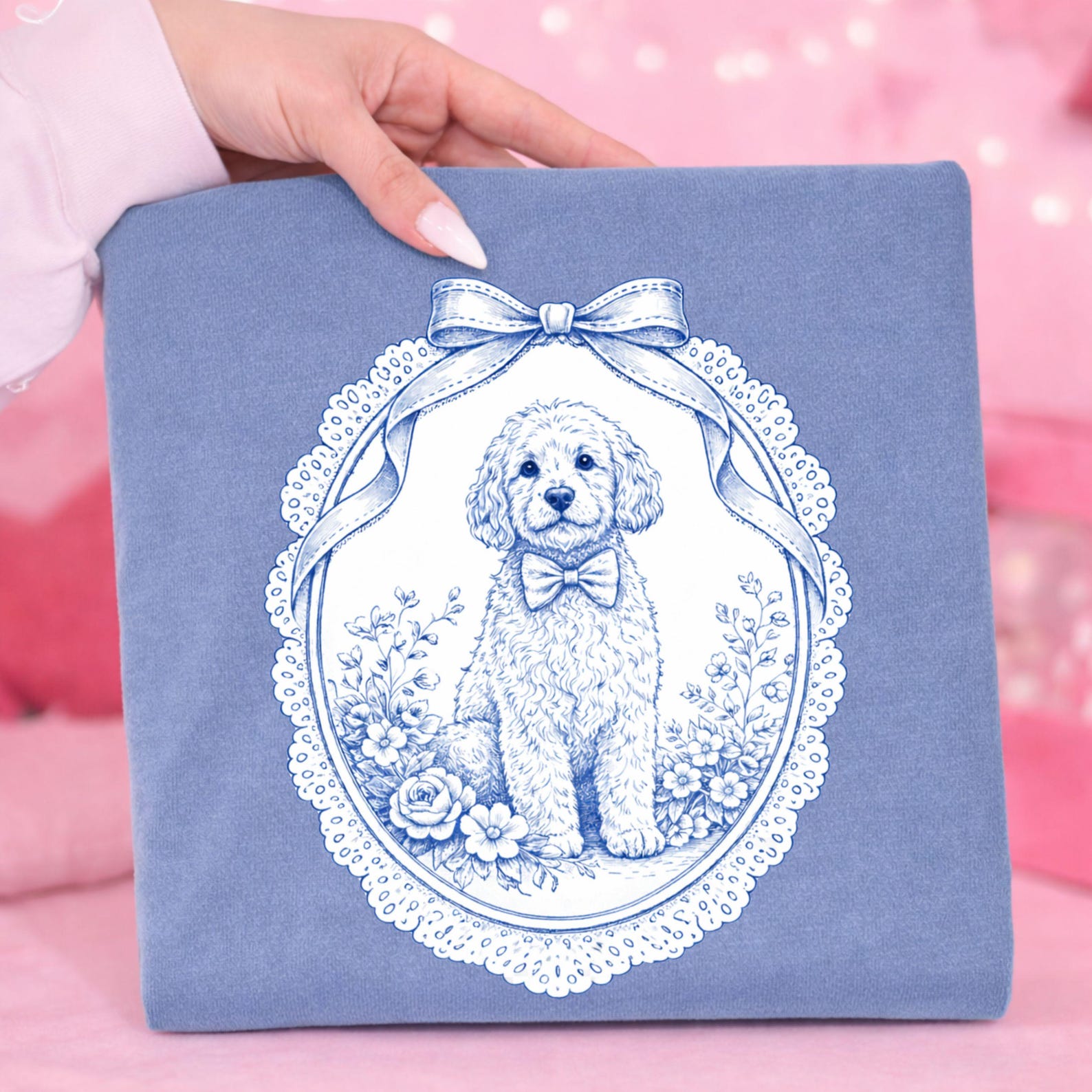 Preppy Goldendoodle Dog Mom Png Cavapoo Blue Toile Floral Shirt Design ...