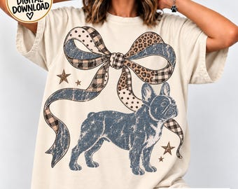 Frenchie PNG, Vintage Dog Coquette Bow, Leopard Plaid Ribbon, Dog Lover Birthday T-Shirt Sublimation DTF, Preppy Dog Mom Christmas Gift
