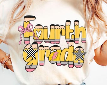 Preppy Fourth Grade Png, Back to School PNG | Trendy Teacher Shirt Design | Elementary School Sublimation Clipart, 4th Grade Pencil Png