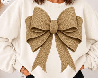 Kokette Schleife (PNG), braun-beige, strukturierte Kunstleinen-Schleife (digitaler Download), trendiges Grafikdesign für Damen-Sweatshirts im Herbst – Weihnachtsgeschenk