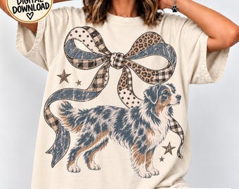 Australian Shepherd PNG Aussie Vintage Dog Coquette Bow Leopard Plaid Ribbon Dog Lover Birthday Shirt Sublimation DTF Dog Mom Christmas Gift