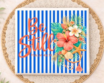 Be Still PNG, diseño de camiseta Salmo 46:10, descarga digital de sublimación de versículo bíblico cristiano estilo preppy, PNG de verano, amante de la playa, conchas marinas florales