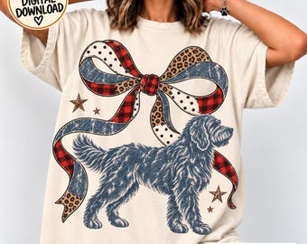 Goldendoodle PNG, Vintage Dog Coquette Bow, Leopard Plaid Ribbon, Doodle Mama Birthday T-Shirt Sublimation DTF, Dog Mom Christmas Gift