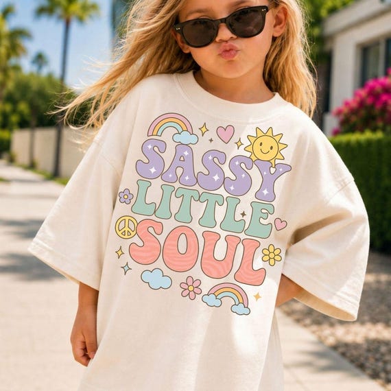 Little Girl PNG Design, Sassy Little Soul Retro Shirt PNG, Cute Pastel Rainbow Sublimation, Groovy Kids T-Shirt Graphic, School Shirt Png