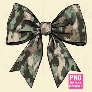 May include: A digitally drawn bow with a camouflage pattern in shades of green, brown, and beige. The bow has a detailed outline and a textured appearance, with the text "PNG INSTANT DOWNLOAD" in a pink box.