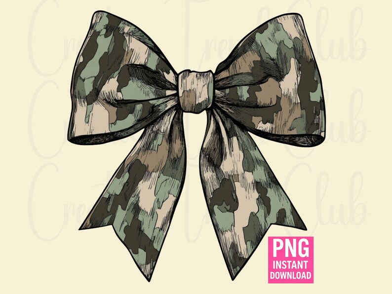 May include: A digitally drawn bow with a camouflage pattern in shades of green, brown, and beige. The bow has a detailed outline and a textured appearance, with the text "PNG INSTANT DOWNLOAD" in a pink box.
