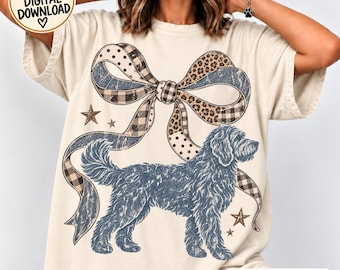 Goldendoodle PNG, Vintage Dog Coquette Bow, Leopard Plaid Ribbon, Doodle Mama Birthday T-Shirt Sublimation DTF, Dog Mom Christmas Gift