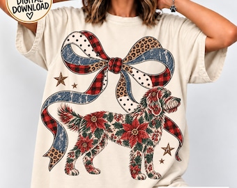 Goldendoodle PNG, Vintage Dog Coquette Bow, Leopard Plaid Ribbon, Doodle Mama Birthday T-Shirt Sublimation DTF, Dog Mom Christmas Gift