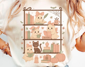 Retro Halloween Bookshelf Png, Boo Ghost Reading Book Png, Cute Halloween PNG, Halloween Book Png, Halloween Sublimation Design, Library Png