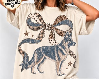 German Shepherd PNG, Vintage Dog Coquette Bow, Leopard Plaid Ribbon, Dog Lover Birthday T-Shirt Sublimation DTF, Dog Mom Christmas Gift