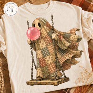 Gestepptes Geistermotiv im Vintage-Stil, Schaukelmotiv, PNG-Datei, Kaugummi-Motiv, niedlich, Halloween, gemütlich, Herbst, trendig, verspielt, mädchenhaft, digitaler Download, Sublimationsdruck, Shirt-Grafik