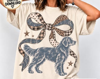 Golden Retriever PNG, Vintage Dog Coquette Bow, Leopard Plaid Ribbon, Dog Lover Birthday T-Shirt Sublimation DTF, Dog Mom Christmas Gift