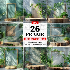 Op de afbeelding: Een set van 26 frame mockups met verschillende houten frames in verschillende maten en stijlen. De frames worden weergegeven tegen een groene achtergrond met groen en houten platforms. De mockups zijn perfect om kunstwerken, foto's of andere ontwerpen te presenteren.