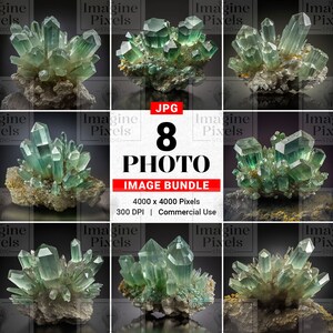 May include: A close-up of a cluster of green crystals on a dark background. The crystals are sharp and pointed, with a translucent, glassy appearance. The crystals are arranged in a random, organic pattern.